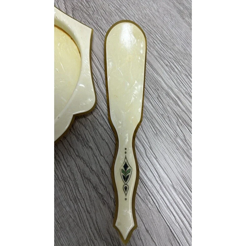 VTG Pyralin Celluloid Pearlized Vanity Set Tray Mirror Shoe Horn Powder Boxes